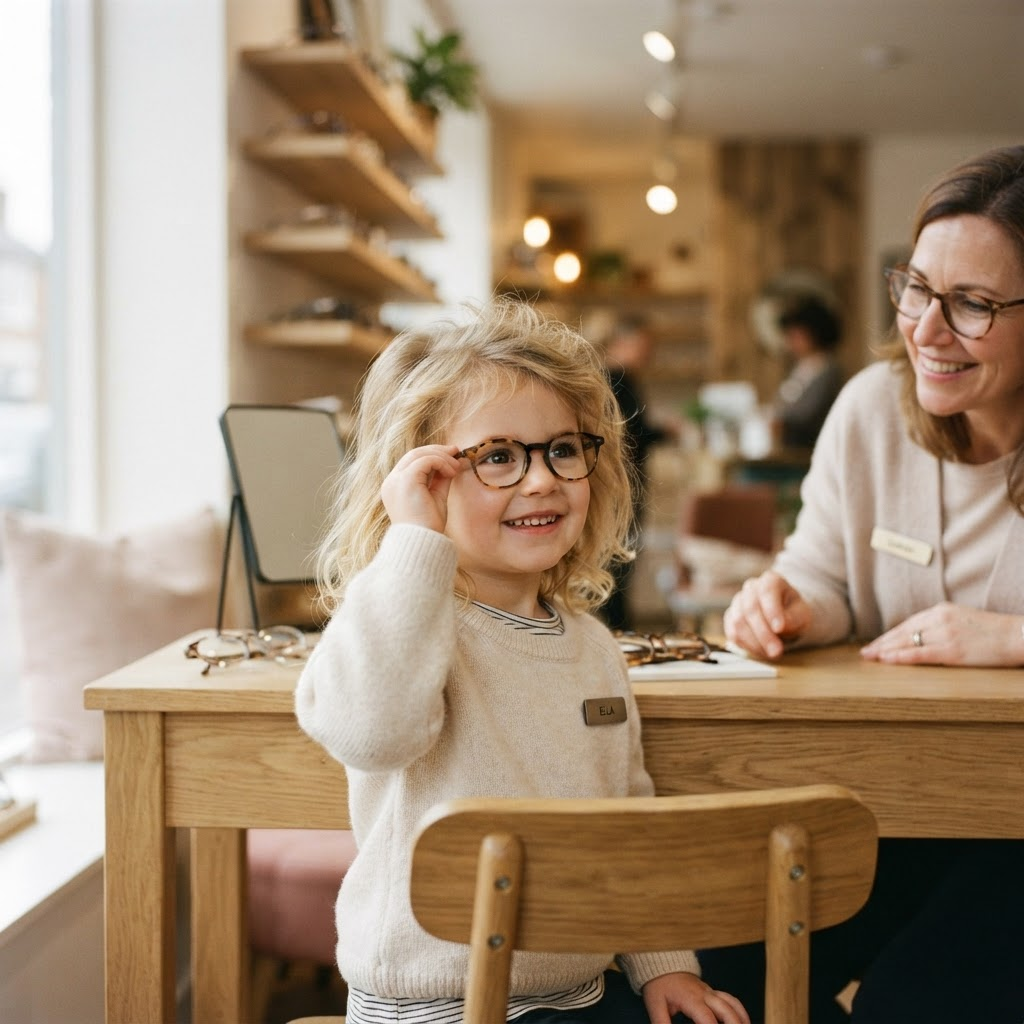 Kind bei der Brillenanprobe bei Augenoptik Bettzüge