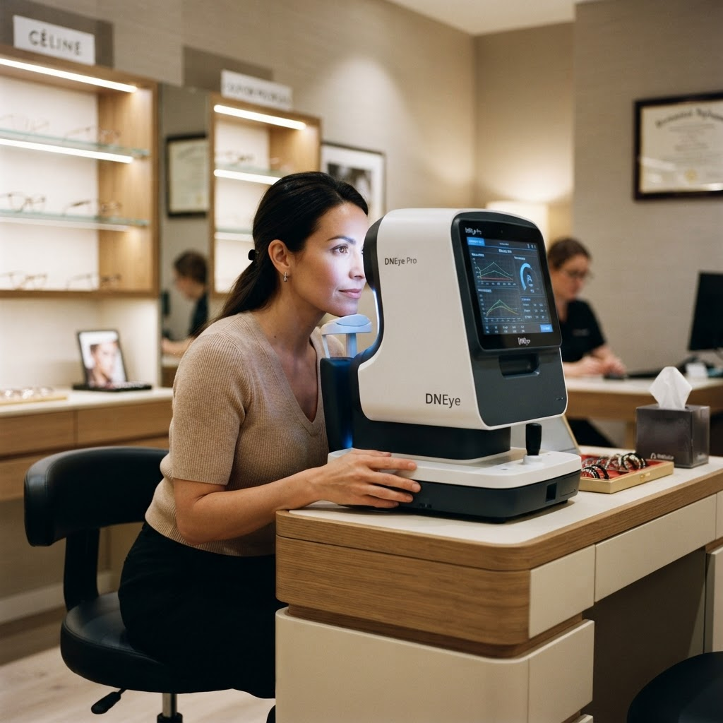 Sehtest und Sehanalyse hinter dem Messgerät bei Augenoptik Bettzüge